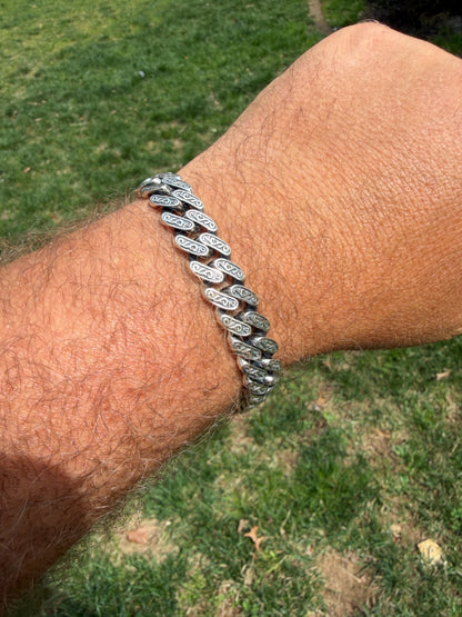 Mens Custom 12mm Hawaiian Scroll Miami Cuban Link Bracelet Real 925 Silver