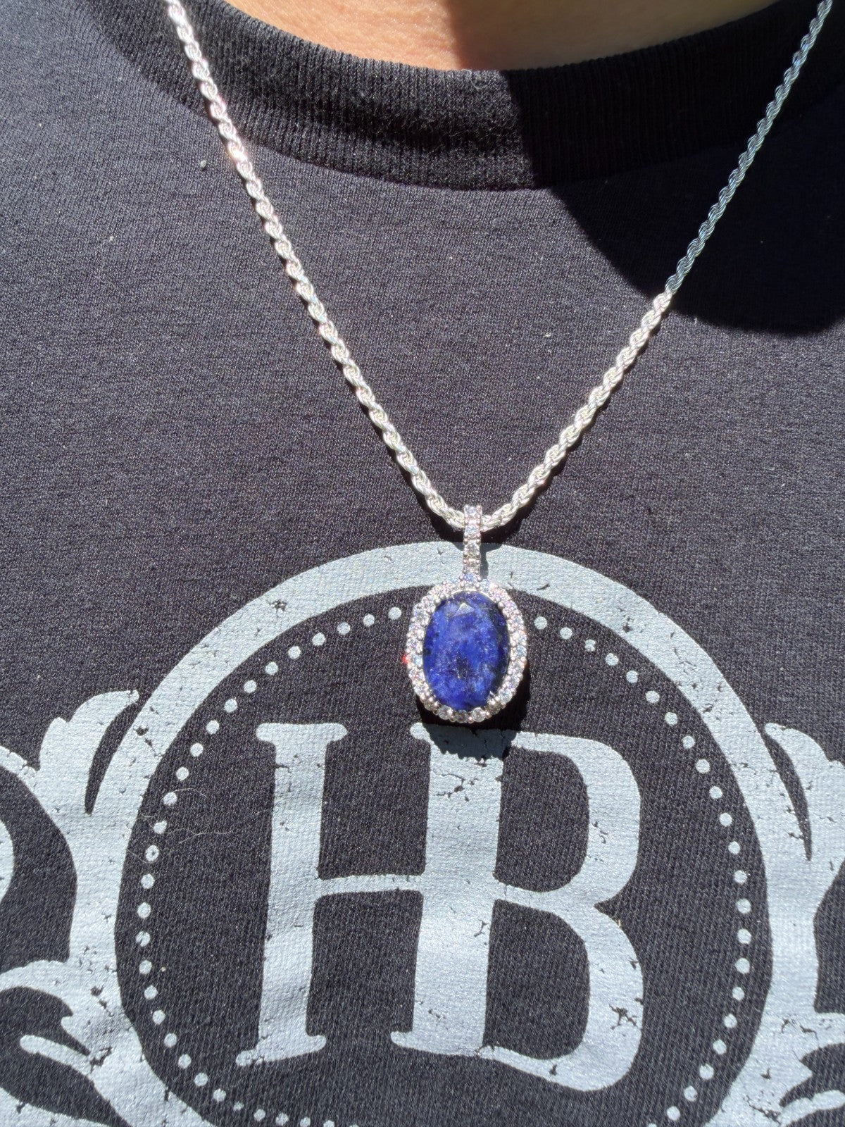 MOISSANITE Royalty Midnight Ocean Pendant - 925 Silver - Oval Genuine Blue Sapphire Stone