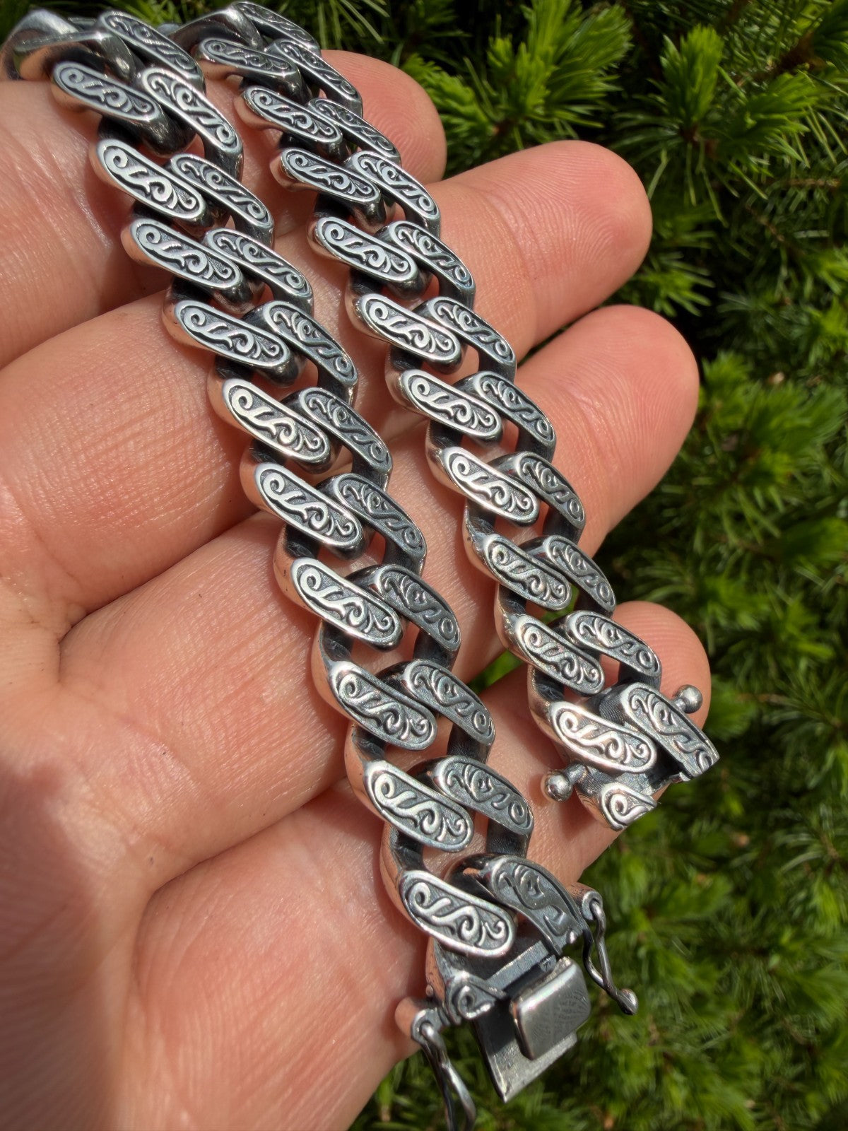 Mens Custom 12mm Hawaiian Scroll Miami Cuban Link Bracelet Real 925 Silver