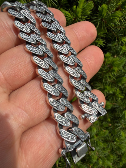 Mens Custom 12mm Hawaiian Scroll Miami Cuban Link Bracelet Real 925 Silver
