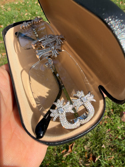 MOISSANITE Hearts Chrome Cross Iced Out Sunglasses - 925 Silver Buffs - Clear