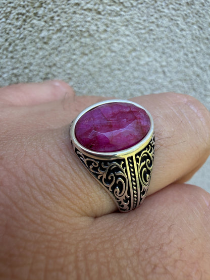 Columbian King Ring - 925 Silver Oxidized - Genuine Red Ruby Stone