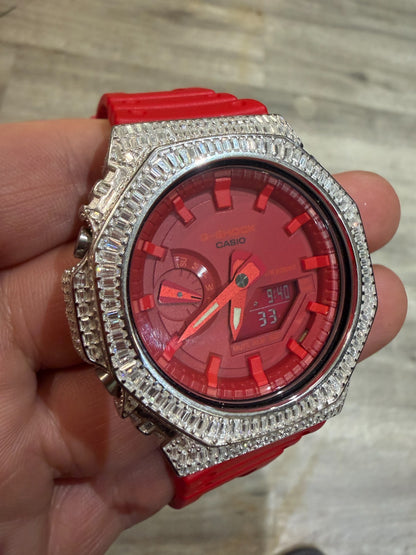 MOISSANITE Real 925 Silver Iced Baguette Red Casio G Shock GA-2100 Hip Hop Watch