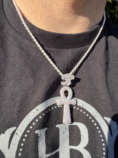 MOISSANITE Mosaic Setting Ankh W. Eye Of Horus Pendant - 14k Yellow Gold Vermeil Or 925 Silver - Medium 2"