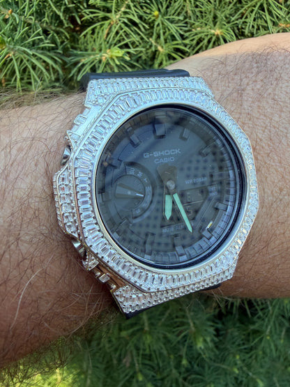 MOISSANITE Real 925 Silver Iced Baguette Casio G Shock GA-2100 Hip Hop Watch