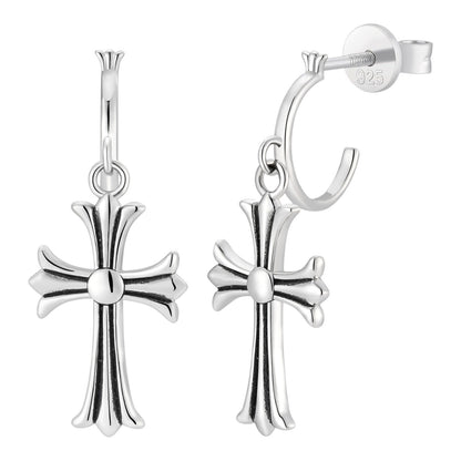 Hearts Of Chrome Huggie Hoops W. Dangle Cross Earrings - 925 Silver Oxidized