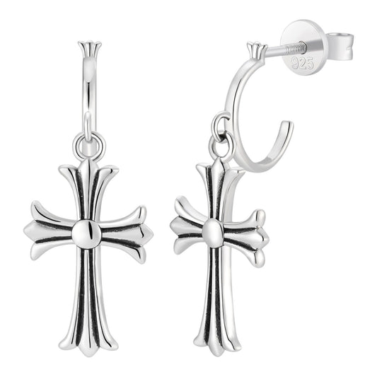 Hearts Of Chrome Huggie Hoops W. Dangle Cross Earrings - 925 Silver Oxidized