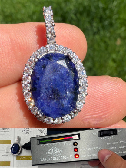 MOISSANITE Royalty Midnight Ocean Pendant - 925 Silver - Oval Genuine Blue Sapphire Stone