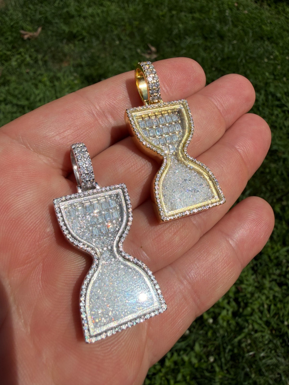 MOISSANITE Floating Diamond Hourglass Pendant - 14k Yellow Gold Vermeil Or 925 Silver - Medium 2"