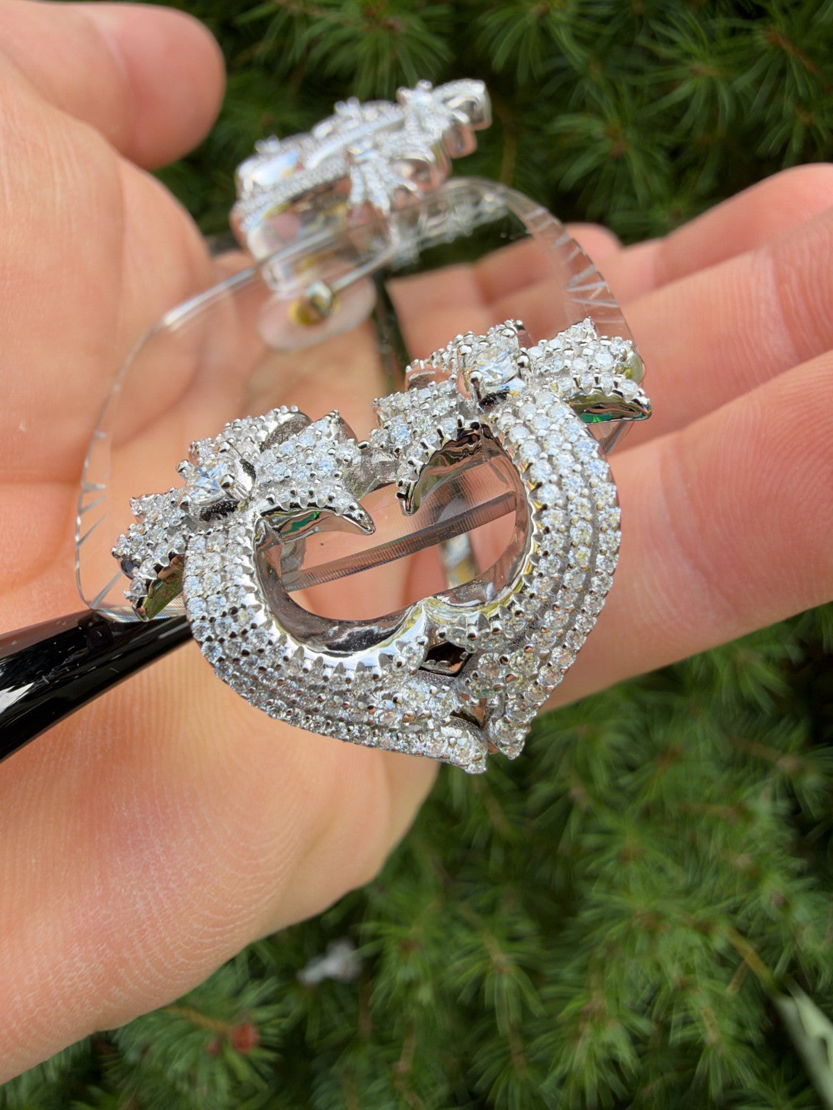 MOISSANITE Hearts Chrome Cross Iced Out Sunglasses - 925 Silver Buffs - Clear