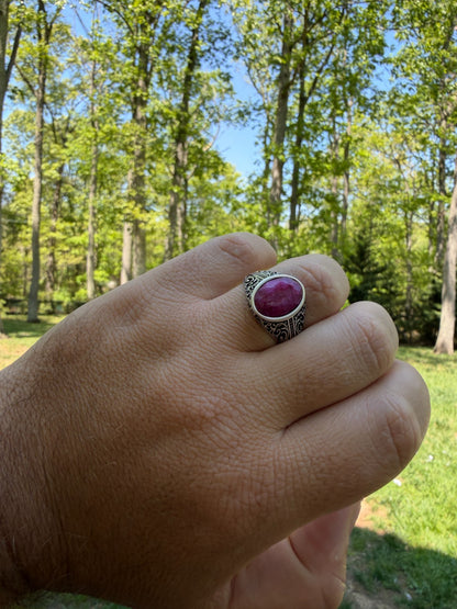 Columbian King Ring - 925 Silver Oxidized - Genuine Red Ruby Stone
