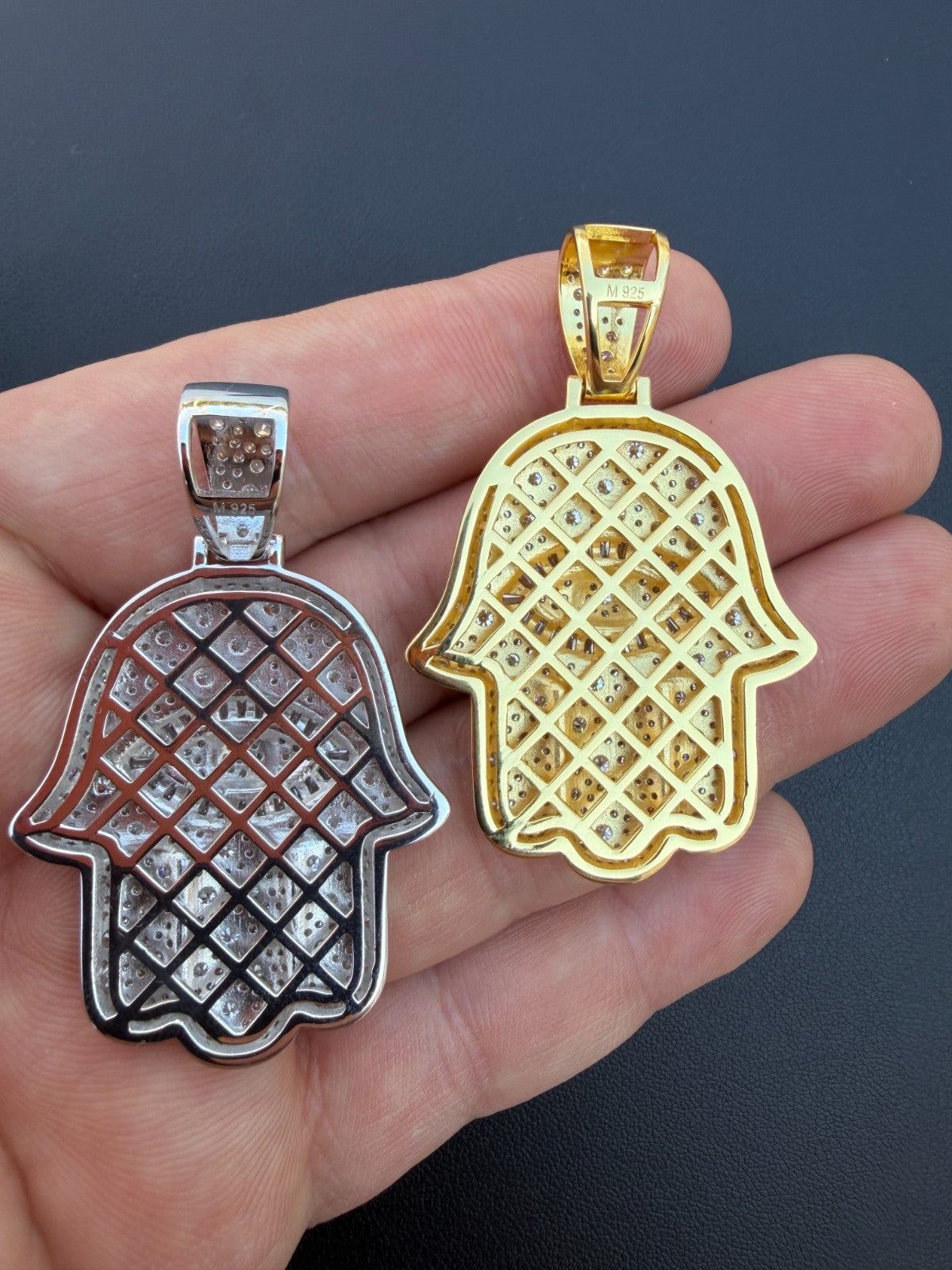 MOISSANITE Mosaic Setting Hamsa W. Evil Eye Pendant - 14k Yellow Gold Vermeil Or 925 Silver - Medium 2"