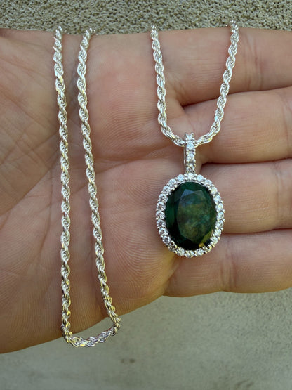 MOISSANITE Royalty Green Phantom Pendant - 925 Silver - Oval Green Emerald Stone