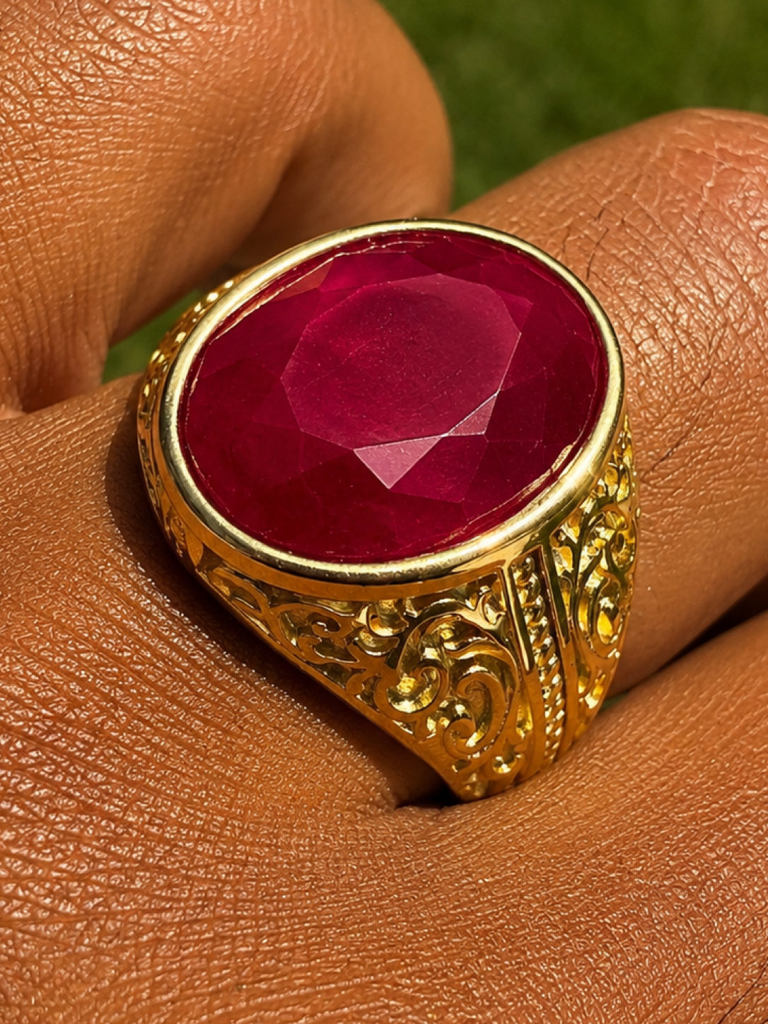 Columbian King Ring - 14k Gold Vermeil 925 Silver - Genuine Red Ruby Stone