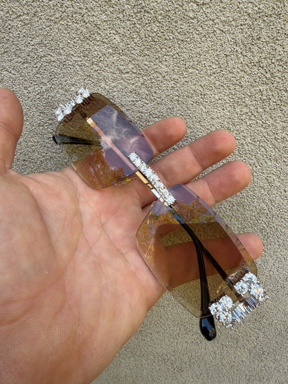 MOISSANITE Big Stone 15ct Iced Out Sunglasses - 925 Silver Buffs - Light Brown