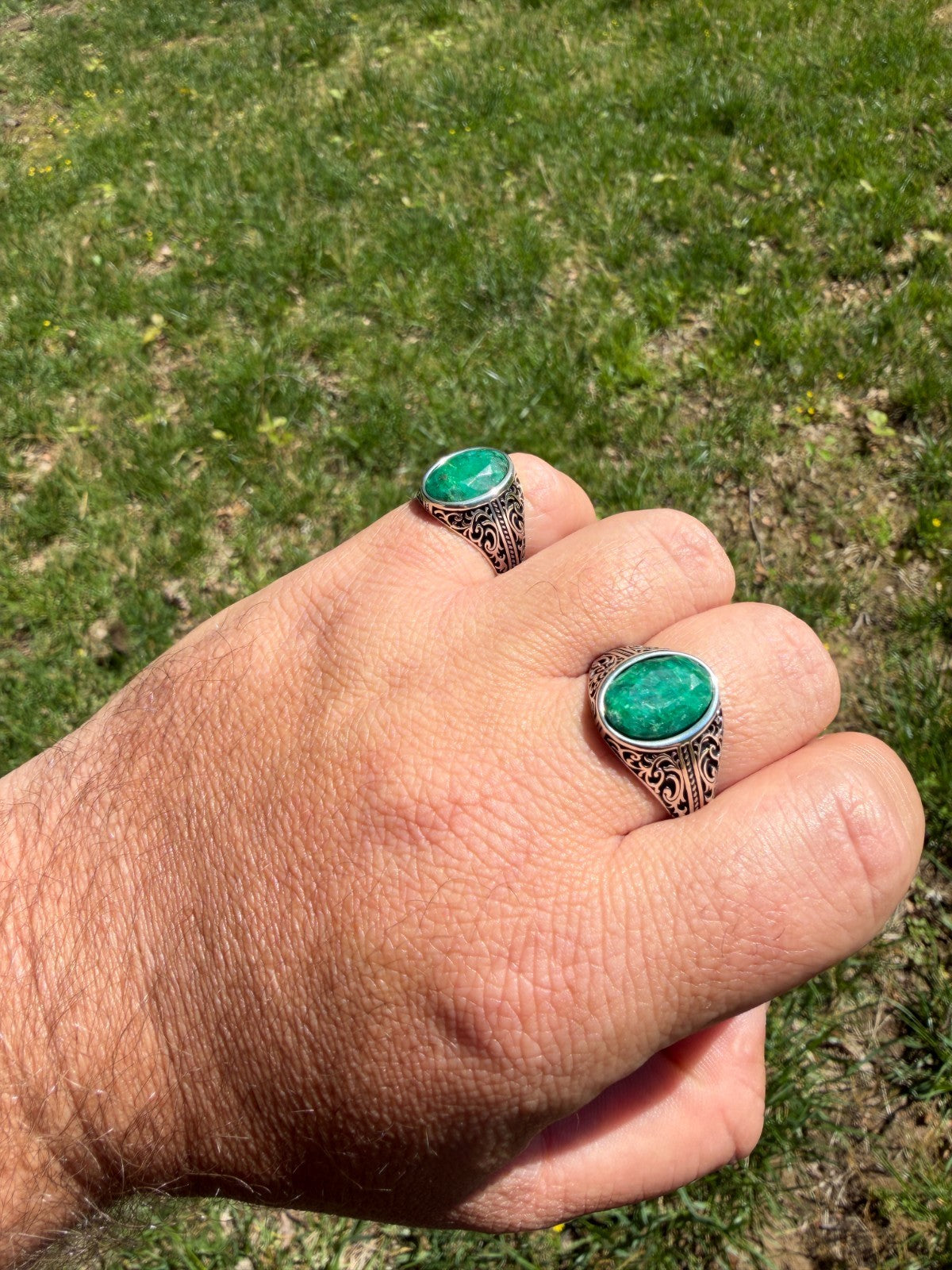 Columbian King Ring - 925 Silver Oxidized - Genuine Green Emerald Stone