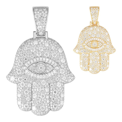 MOISSANITE Mosaic Setting Hamsa W. Evil Eye Pendant - 14k Yellow Gold Vermeil Or 925 Silver - Medium 2"