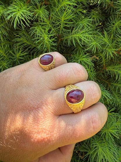 Columbian King Ring - 14k Gold Vermeil 925 Silver - Genuine Red Ruby Stone