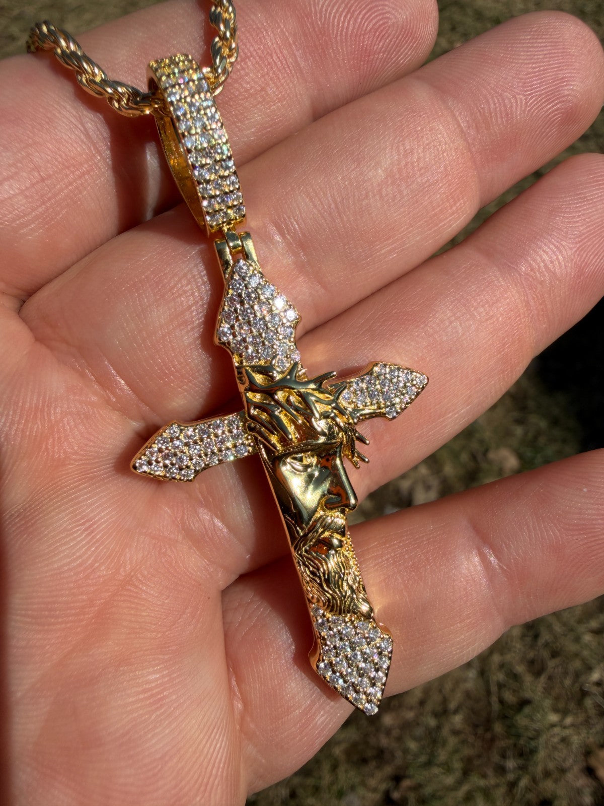 MOISSANITE Passion Of Christ Jesus On Gothic Cross Pendant - 14k Yellow Gold Vermeil Or 925 Silver - Large 2.5"