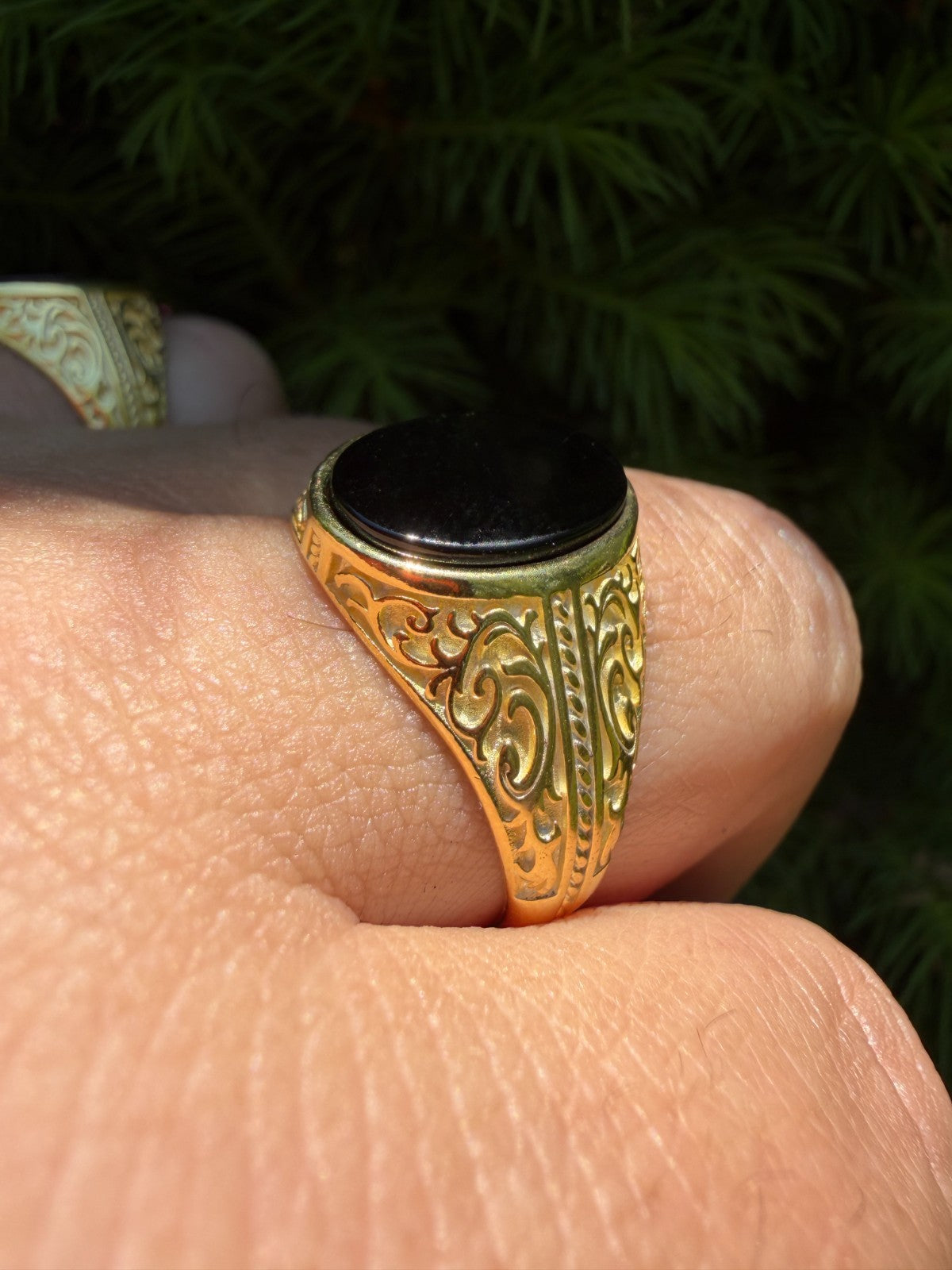 Columbian King Ring - 14k Gold Vermeil 925 Silver - Genuine Black Onyx Stone