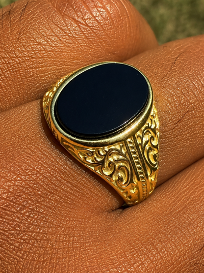 Columbian King Ring - 14k Gold Vermeil 925 Silver - Genuine Black Onyx Stone