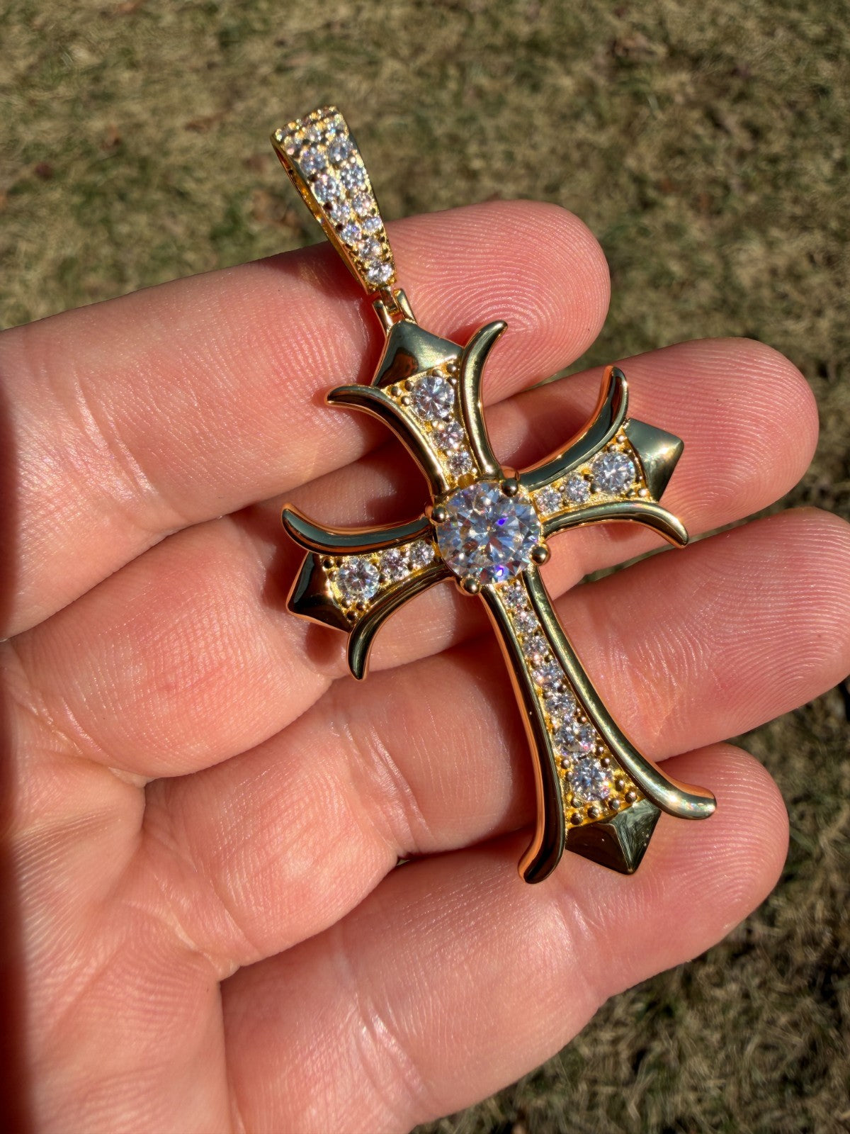 MOISSANITE Hearts Chrome Cross Pendant - 14k Gold Vermeil 925 Silver - 3 Sizes 0.75"-2.75"