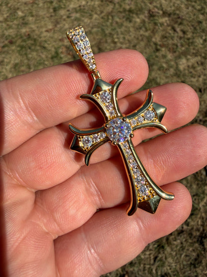 MOISSANITE Hearts Chrome Cross Pendant - 14k Gold Vermeil 925 Silver - 3 Sizes 0.75"-2.75"