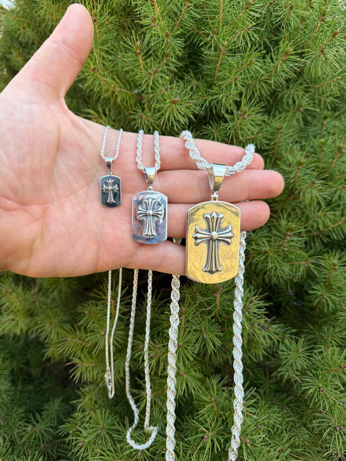 Hearts Chrome Dog Tag Cross Pendant - 925 Silver - 3 Sizes 1"-2.75"