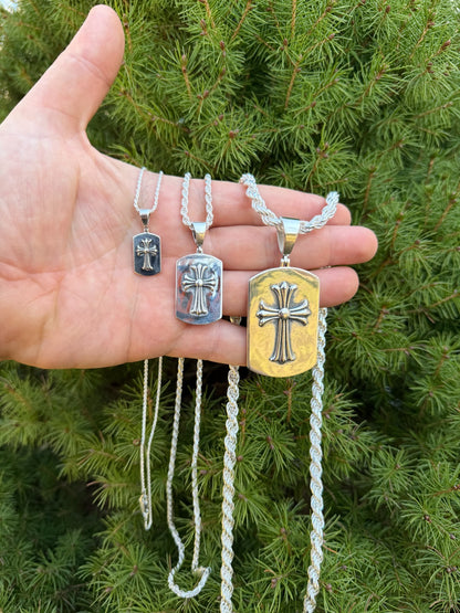 Hearts Chrome Dog Tag Cross Pendant - 925 Silver - 3 Sizes 1"-2.75"