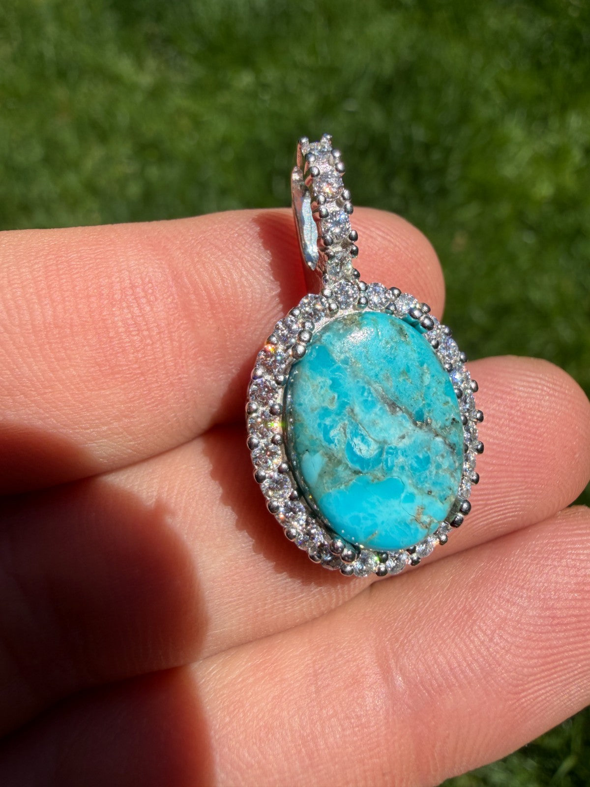 MOISSANITE Royalty Ocean Freeze Pendant - 925 Silver - Oval Genuine Blue Turquoise Stone