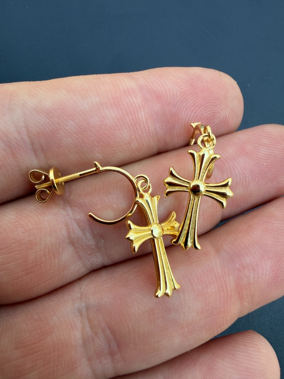 Hearts Of Chrome Huggie Hoops W. Dangle Cross Earrings - 14k Gold Vermeil 925 Silver