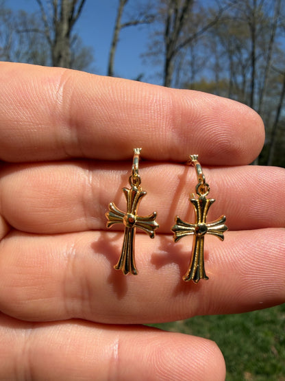 Hearts Of Chrome Huggie Hoops W. Dangle Cross Earrings - 14k Gold Vermeil 925 Silver