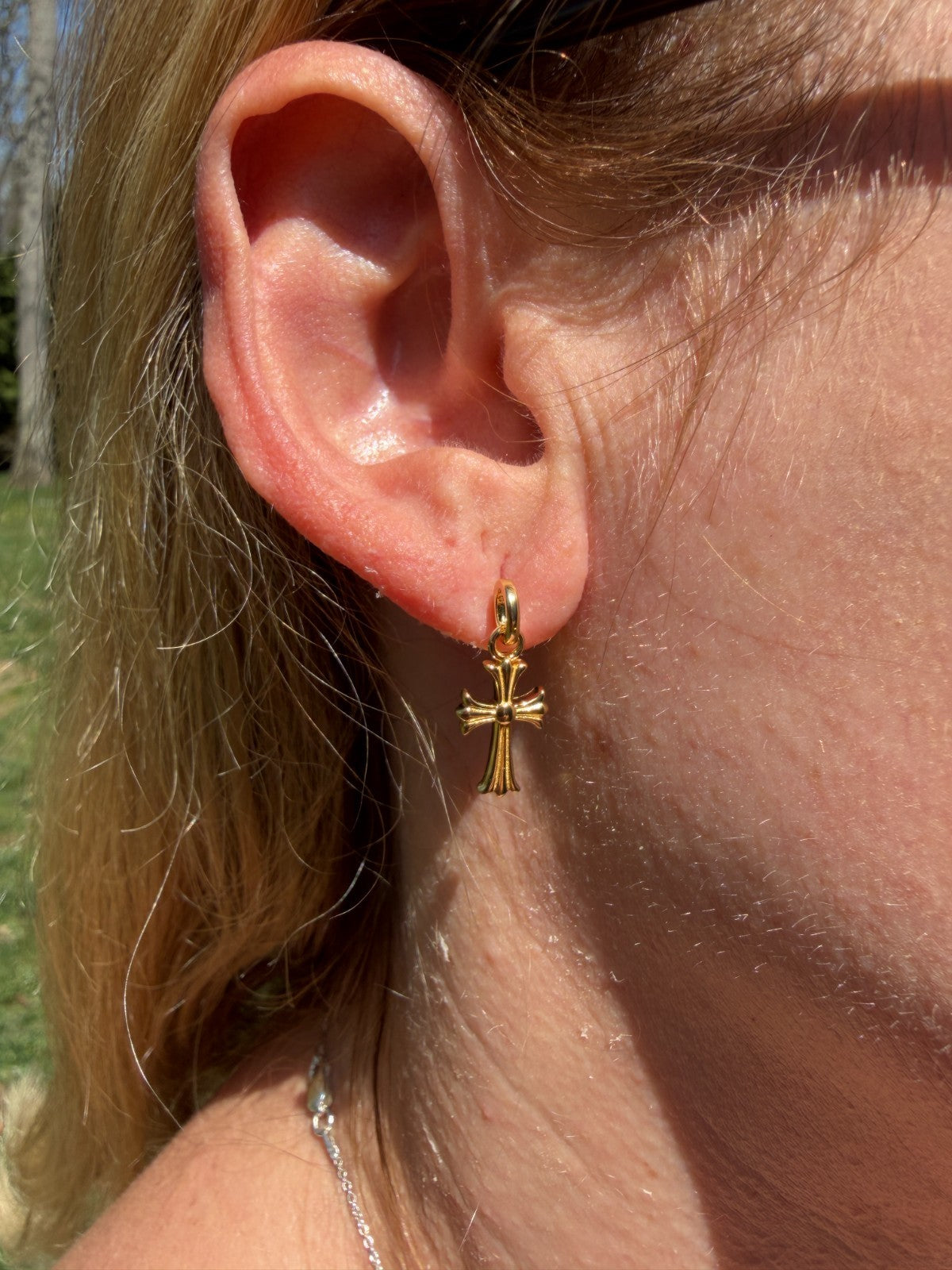 Hearts Of Chrome Studs W. Dangle Cross Earrings - 14k Gold Vermeil 925 Silver