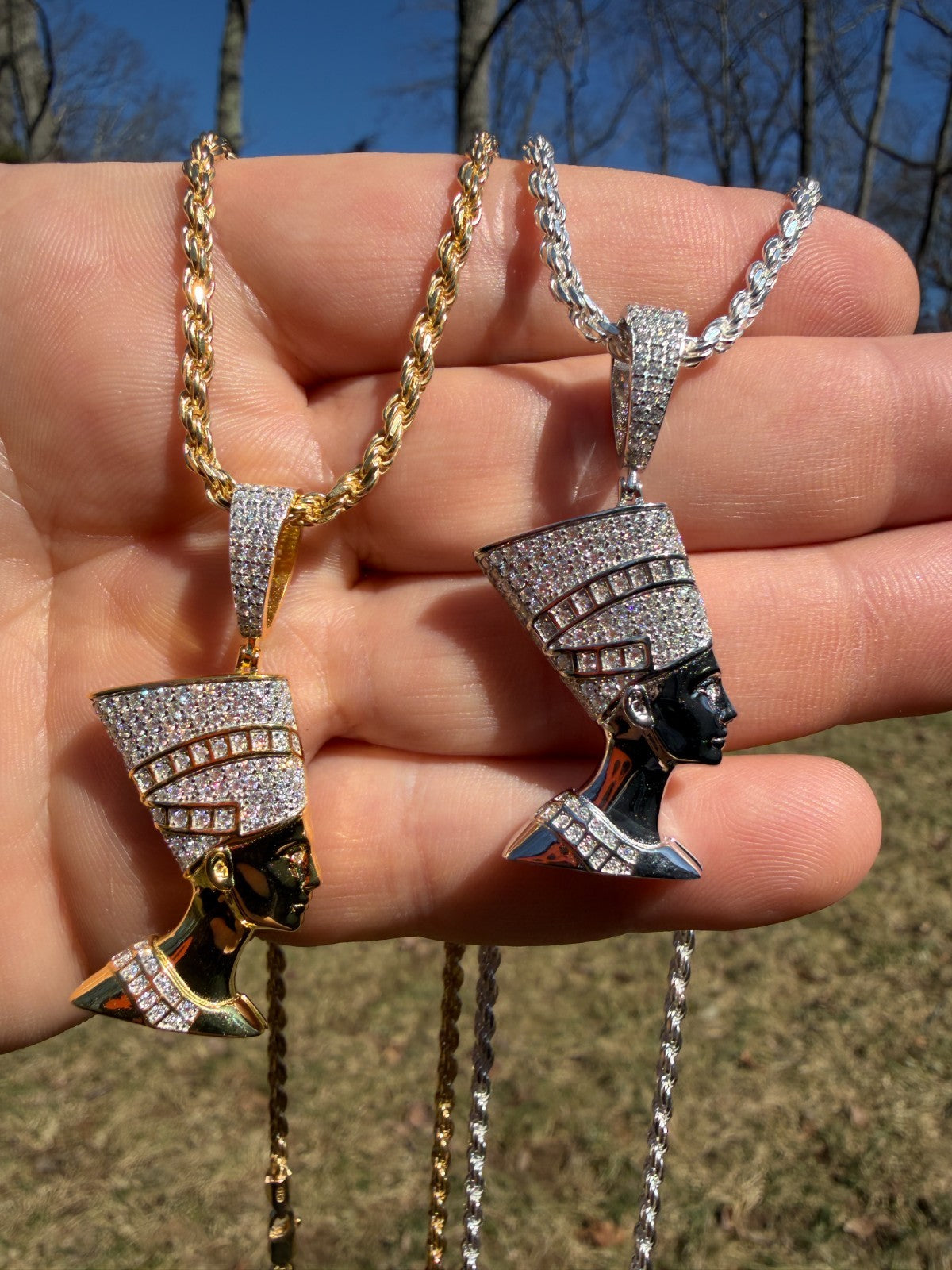 MOISSANITE Hip Iced Out Egyptian Queen Nefertiti Pendant - 14k Yellow Gold Vermeil Or 925 Silver - Medium 1.75"