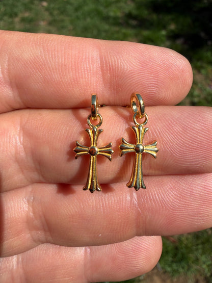 Hearts Of Chrome Studs W. Dangle Cross Earrings - 14k Gold Vermeil 925 Silver