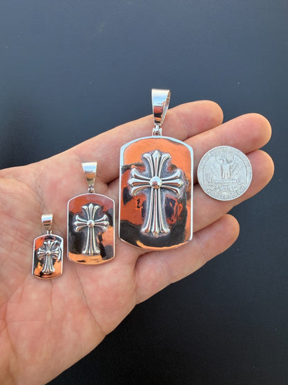 Hearts Chrome Dog Tag Cross Pendant - 925 Silver - 3 Sizes 1"-2.75"