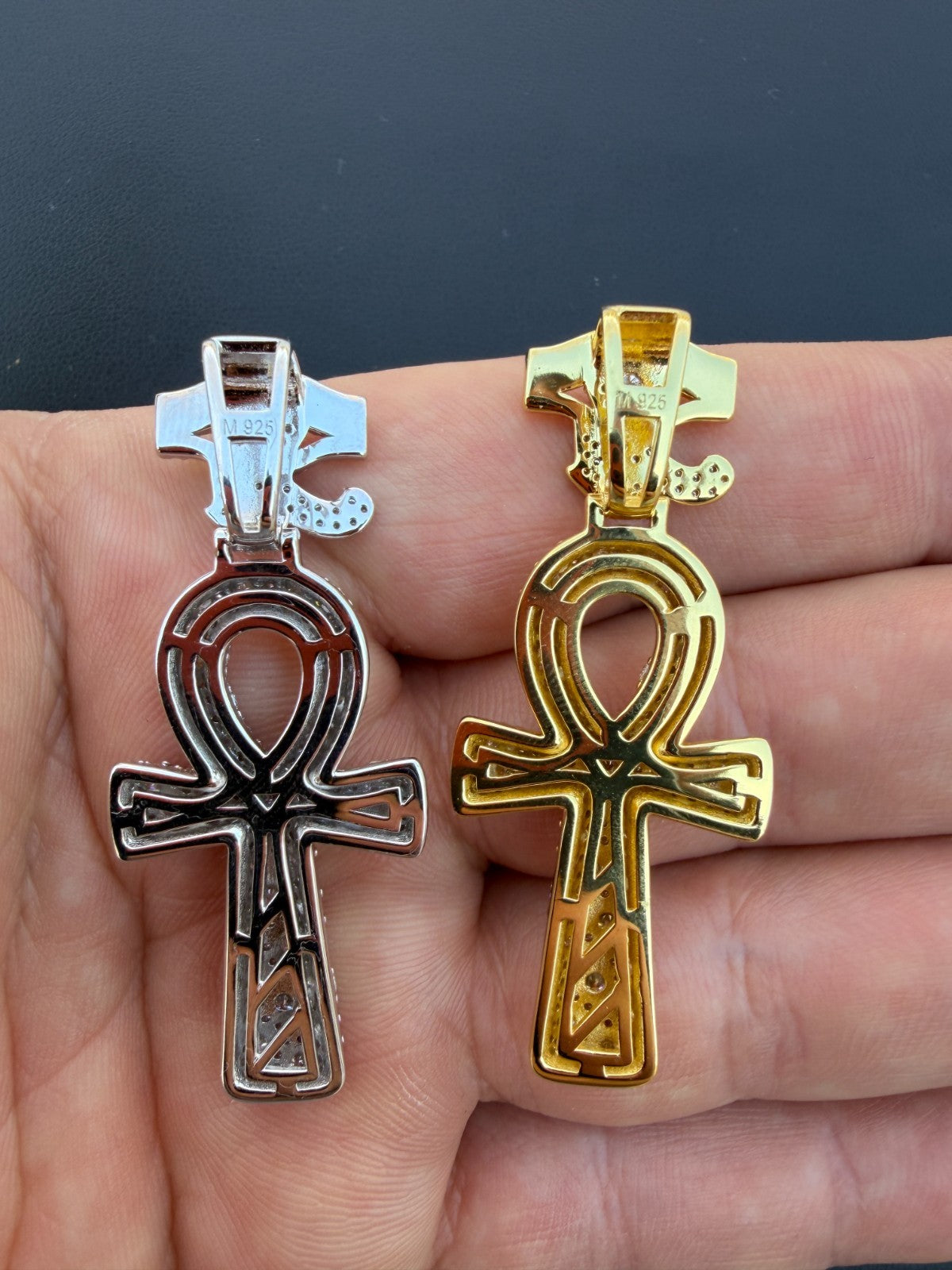 MOISSANITE Mosaic Setting Ankh W. Eye Of Horus Pendant - 14k Yellow Gold Vermeil Or 925 Silver - Medium 2"