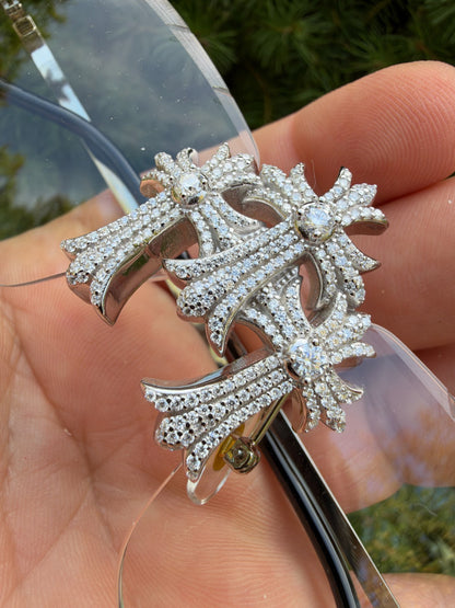 MOISSANITE Hearts Chrome Cross Iced Out Sunglasses - 925 Silver Buffs - Clear