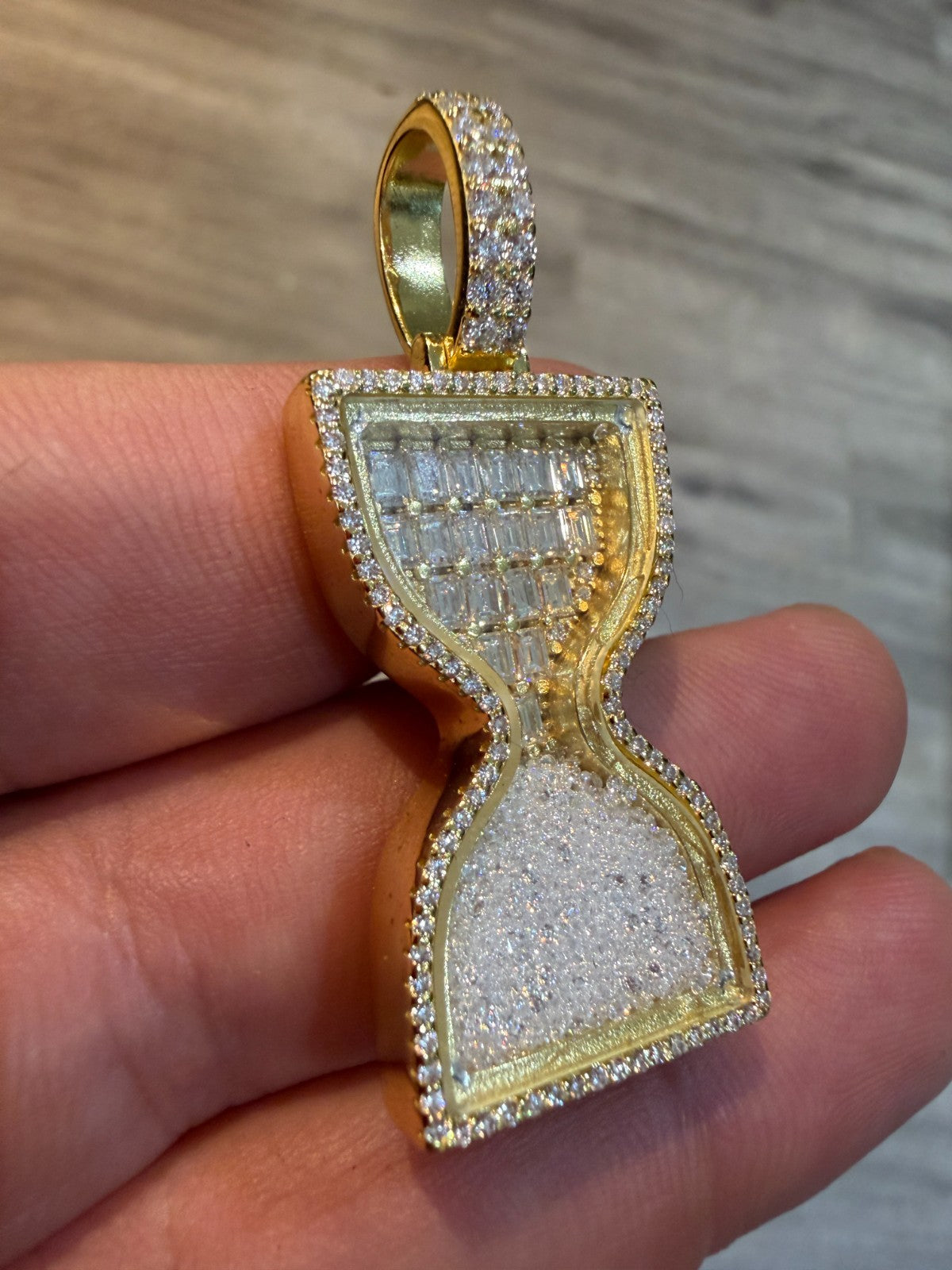 MOISSANITE Floating Diamond Hourglass Pendant - 14k Yellow Gold Vermeil Or 925 Silver - Medium 2"