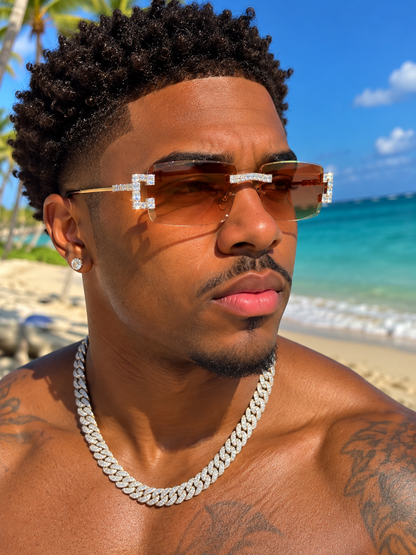 MOISSANITE Baguette Custom Iced Out Sunglasses - 925 Silver Buffs - Light Brown