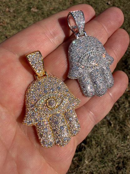 MOISSANITE Mosaic Setting Hamsa W. Evil Eye Pendant - 14k Yellow Gold Vermeil Or 925 Silver - Medium 2"