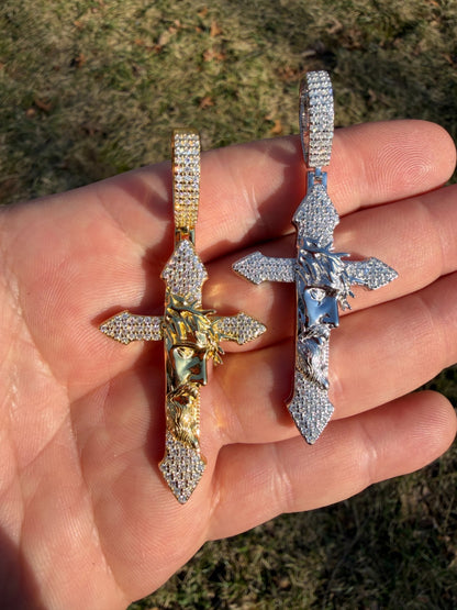 MOISSANITE Passion Of Christ Jesus On Gothic Cross Pendant - 14k Yellow Gold Vermeil Or 925 Silver - Large 2.5"