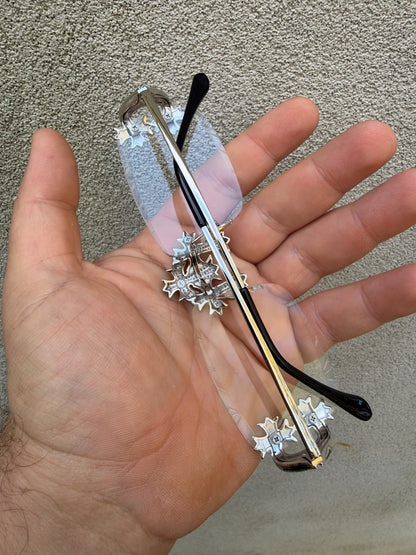 MOISSANITE Hearts Chrome Cross Iced Out Sunglasses - 925 Silver Buffs - Clear
