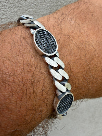 Mens Miami Cuban Link Bracelet W. Iced Out Black CZ Stones - 925 Silver - 8.5" - 12mm