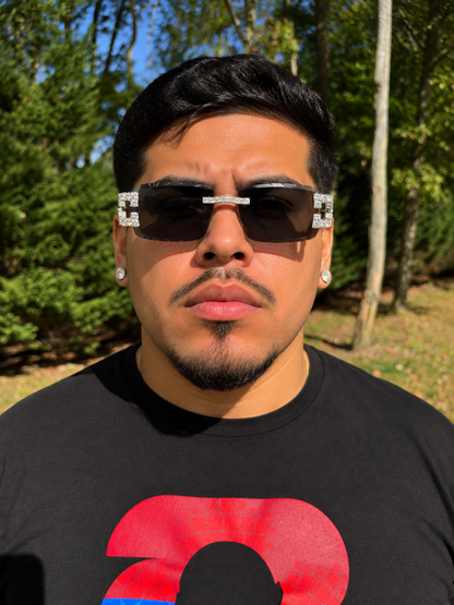 MOISSANITE Big Stone 15ct Iced Out Sunglasses - 925 Silver Buffs - Black