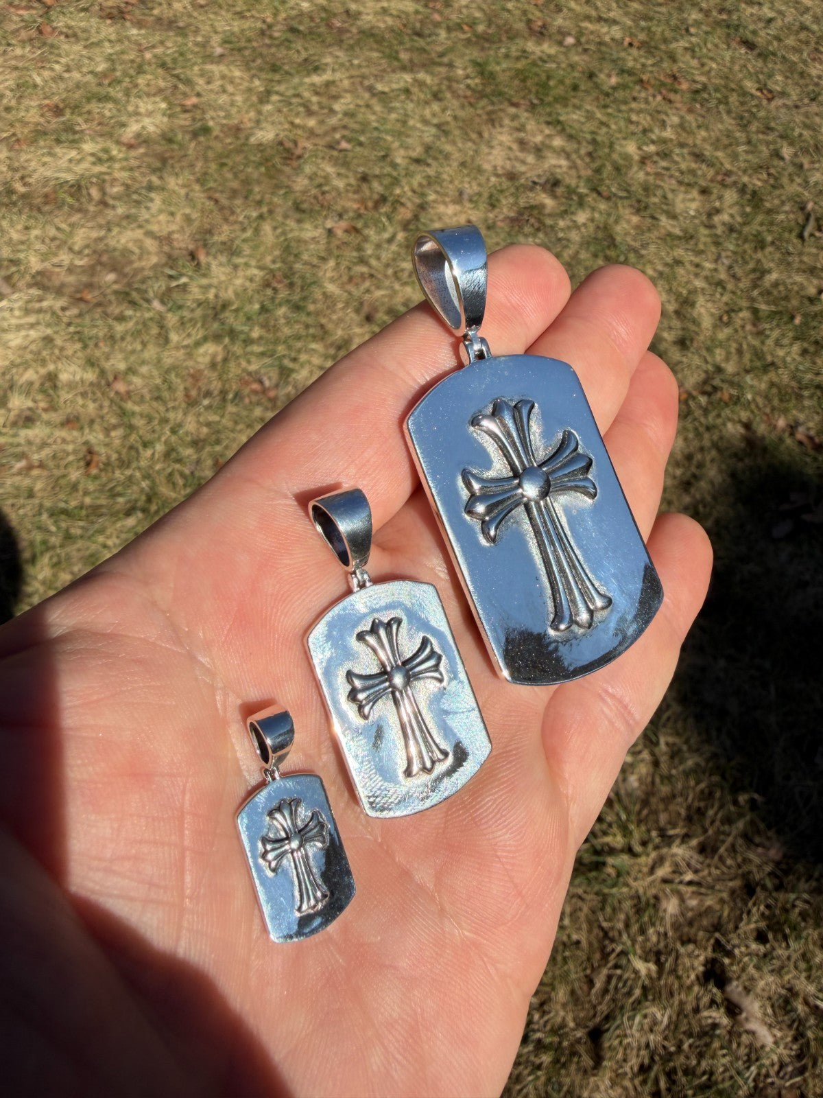 Hearts Chrome Dog Tag Cross Pendant - 925 Silver - 3 Sizes 1"-2.75"