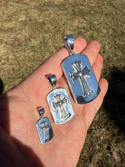 Hearts Chrome Dog Tag Cross Pendant - 925 Silver - 3 Sizes 1"-2.75"
