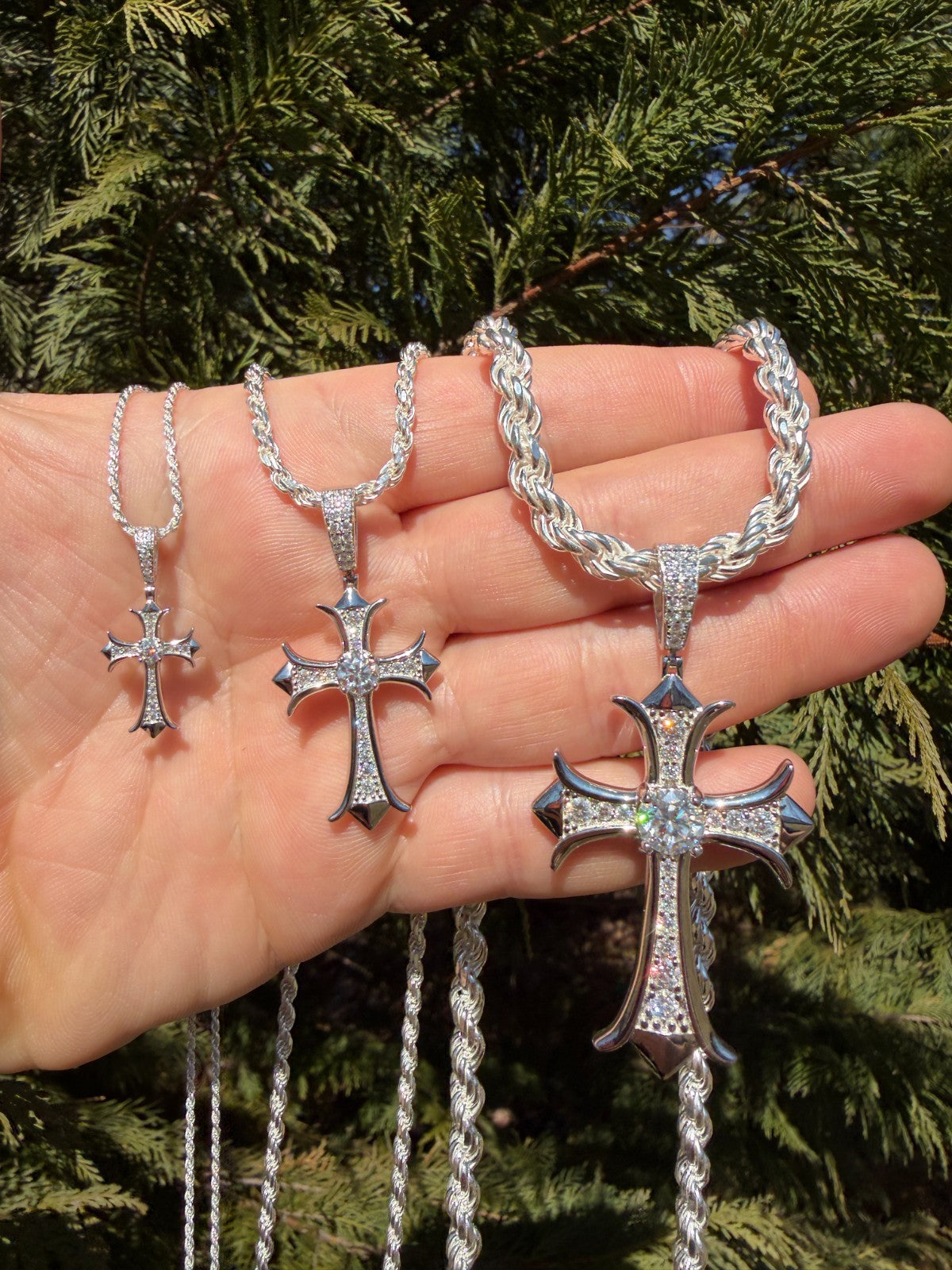 MOISSANITE Hearts Chrome Cross Pendant - 925 Silver - 3 Sizes 1"-2.75"
