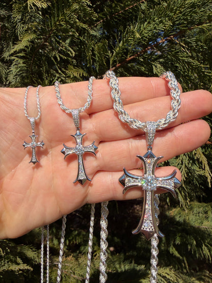 MOISSANITE Hearts Chrome Cross Pendant - 925 Silver - 3 Sizes 1"-2.75"