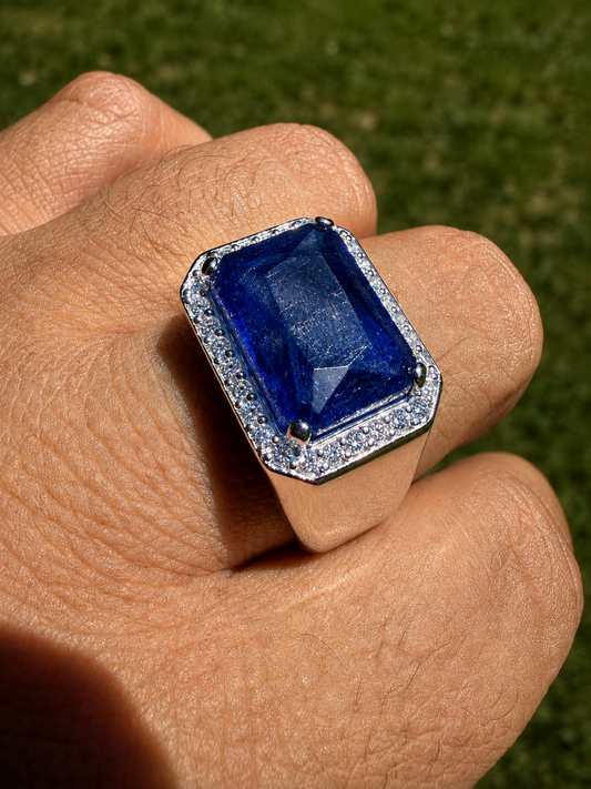 MOISSANITE Fortress Ring - 925 Silver - Genuine Blue Sapphire Stone